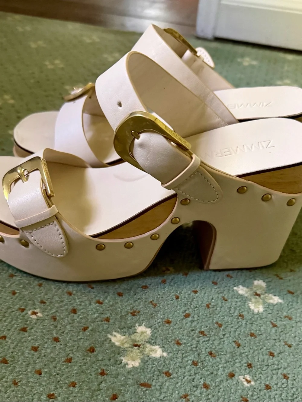Zimmermann Cream Platform Mary Jane Sandals with Gold Buckles